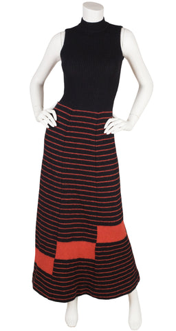 1970s Geometric Print Black Wool Knit Maxi Dress