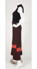 1970s Geometric Print Black Wool Knit Maxi Dress