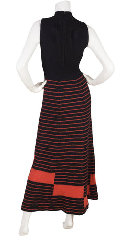 1970s Geometric Print Black Wool Knit Maxi Dress