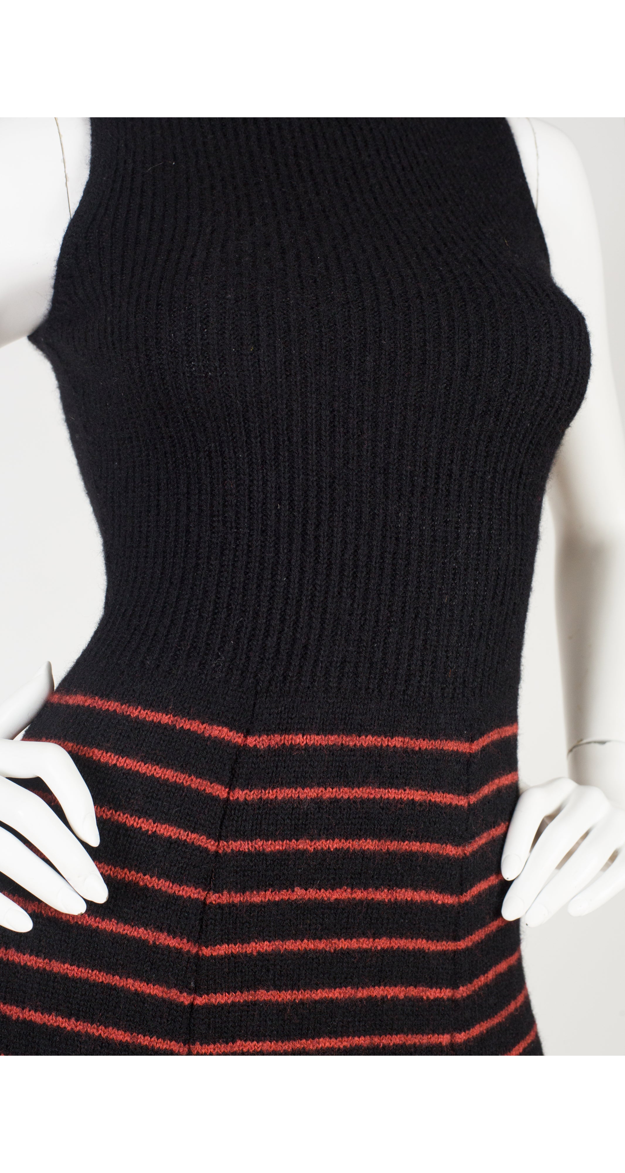 1970s Geometric Print Black Wool Knit Maxi Dress