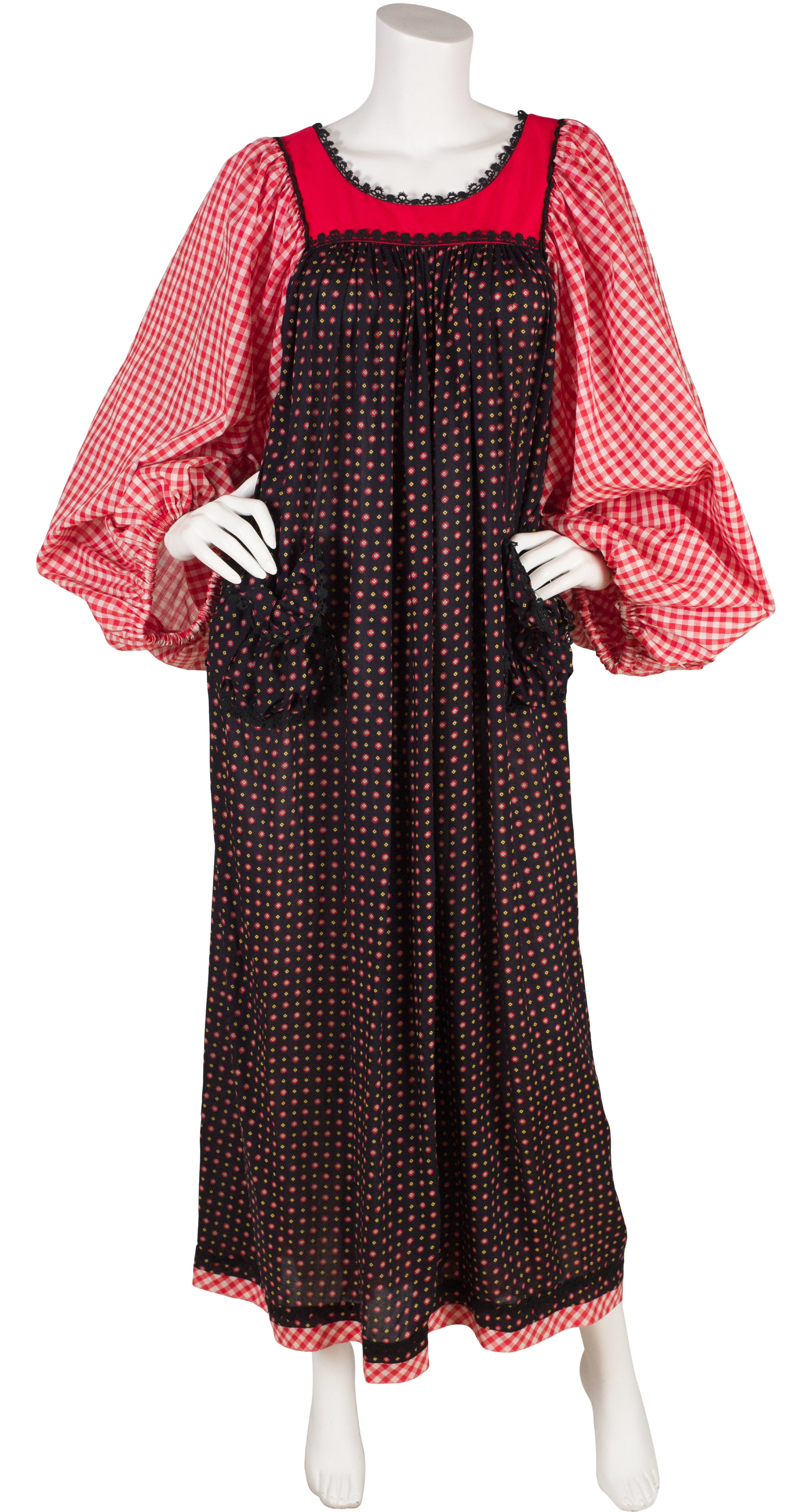 1970s Gingham Billowing Sleeve Cotton Maxi Dress
