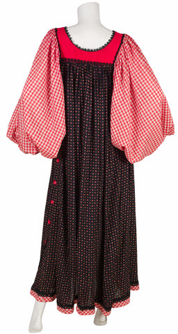 1970s Gingham Billowing Sleeve Cotton Maxi Dress