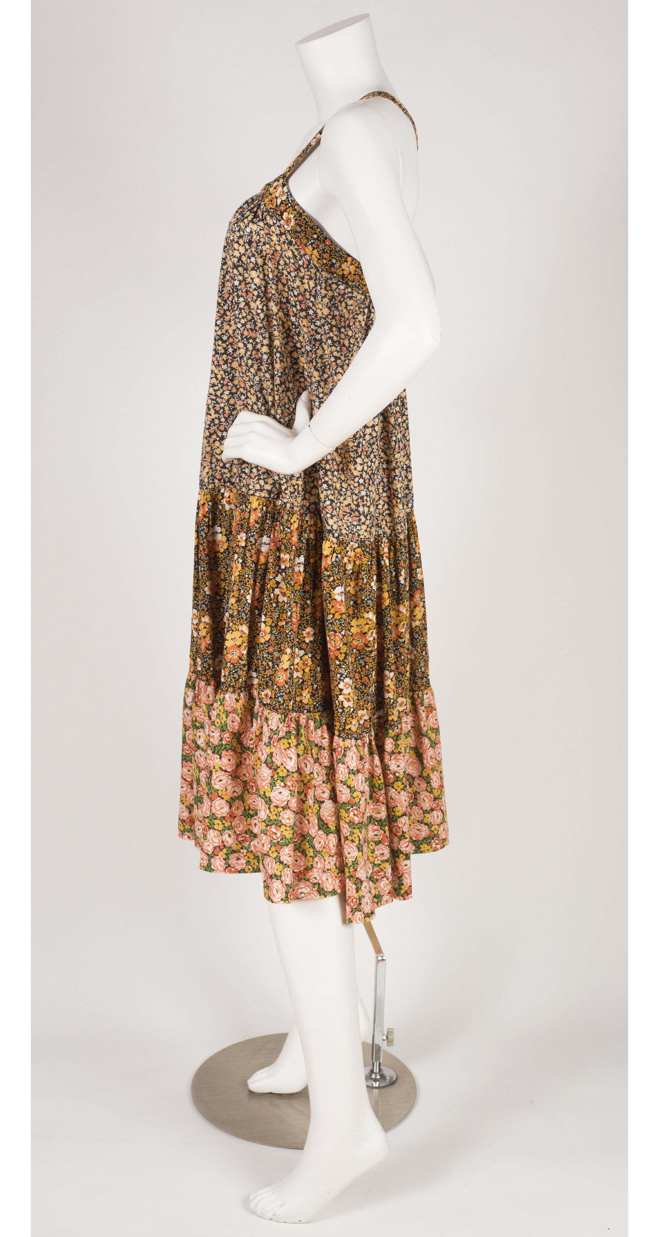 1970s Brown Floral Cotton Cross-Back Tent Dress