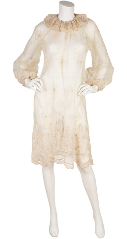 1970s Pierrot Collar Cream Tulle Lace Balloon Sleeve Dress