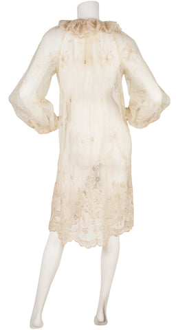 1970s Pierrot Collar Cream Tulle Lace Balloon Sleeve Dress