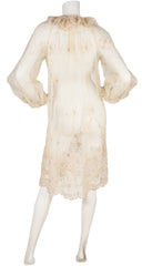1970s Pierrot Collar Cream Tulle Lace Balloon Sleeve Dress