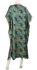 1970s Gold Embellished Blue & Green Silk Twill Caftan