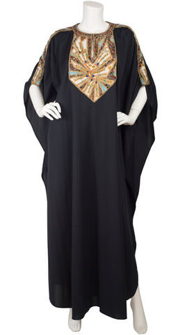 1970s Stars & Moons Beaded Black Jersey Caftan