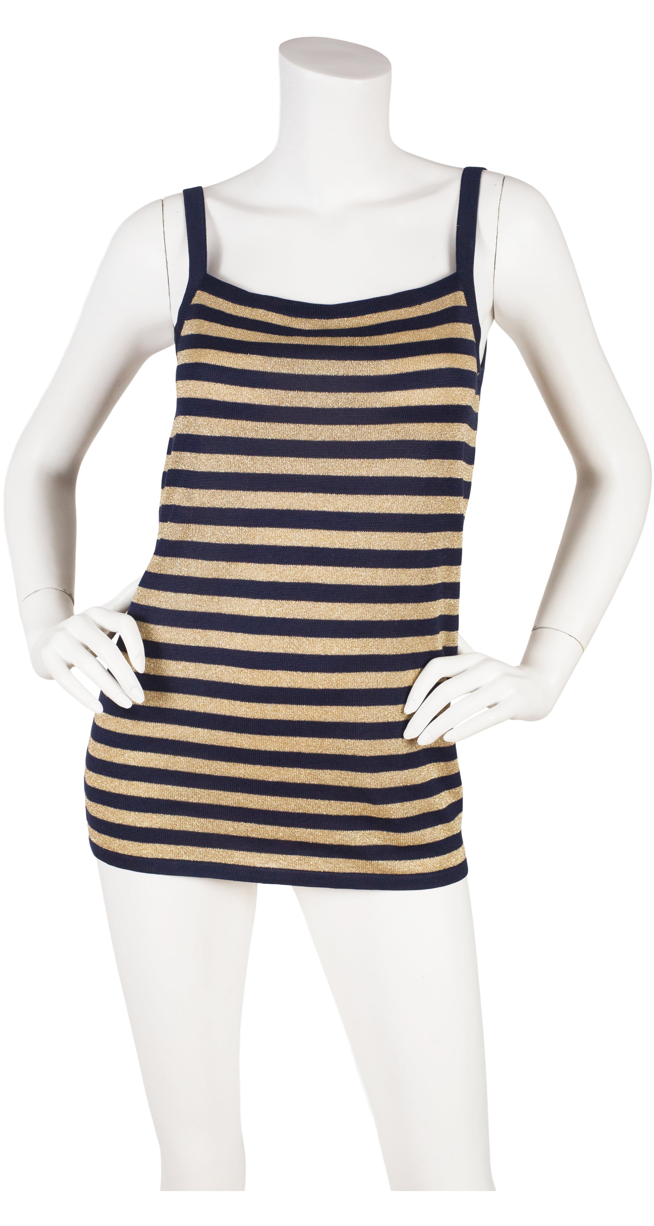 1970s Striped Gold Lurex & Navy Silk Knit Tank Top