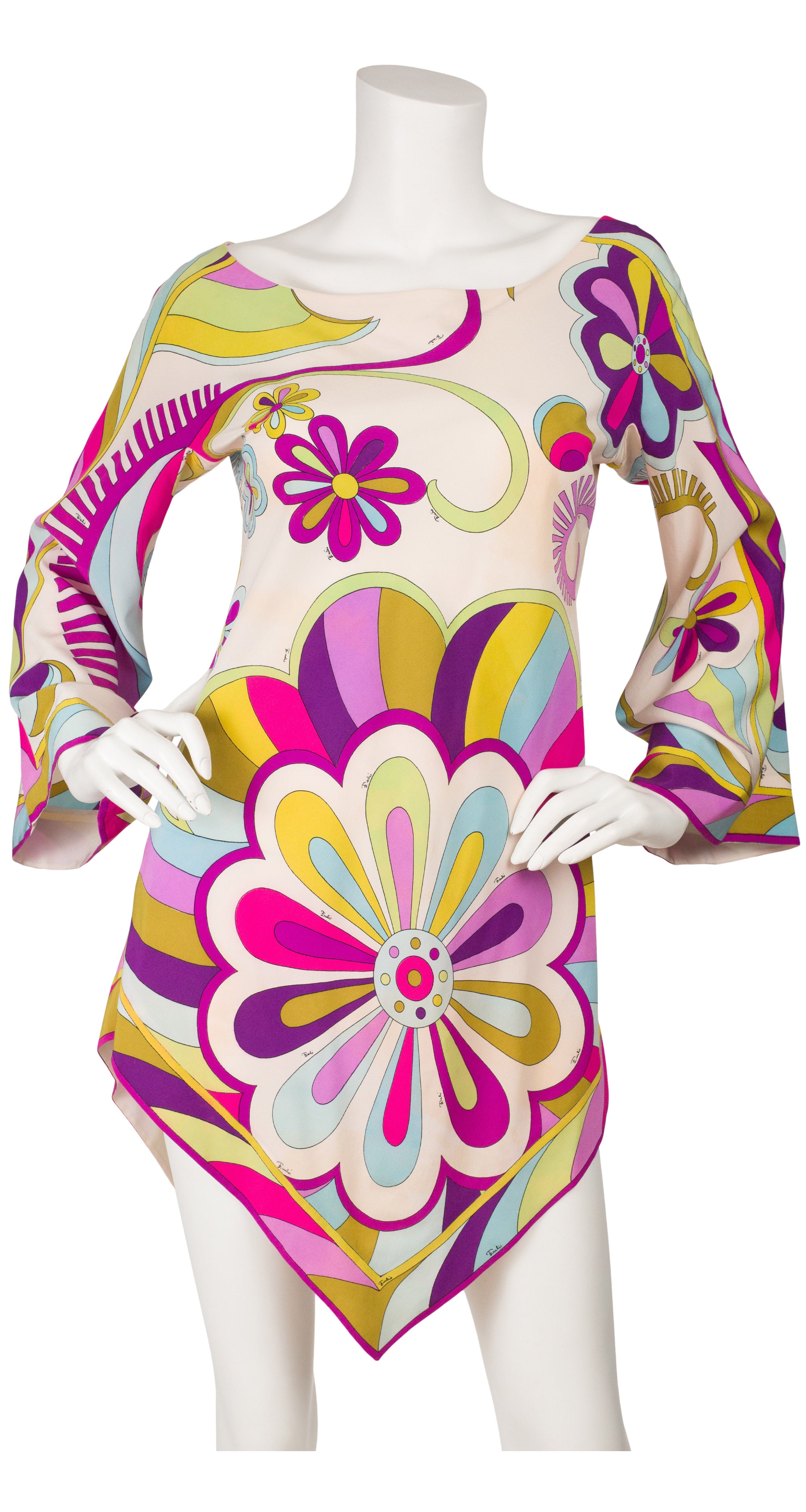 1960s Floral Geometric Silk Handkerchief Top
