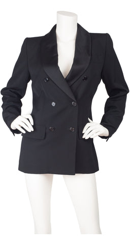 1990s "Le Smoking" Black Satin & Wool Blazer Jacket