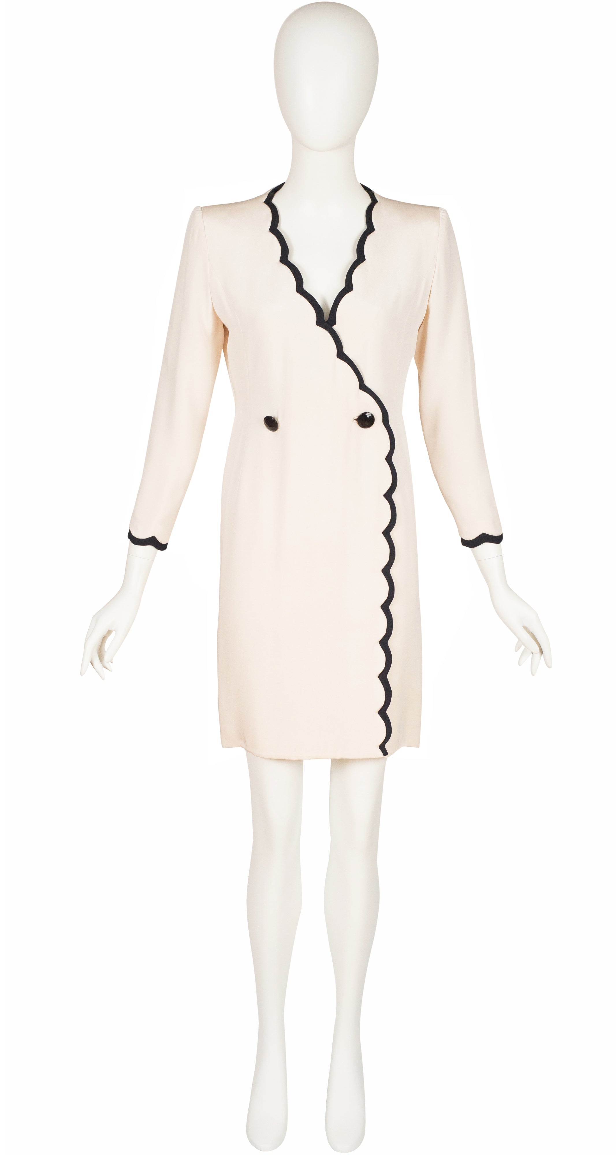 1980s Cream & Black Silk Crepe Scalloped Trim Dress Coat