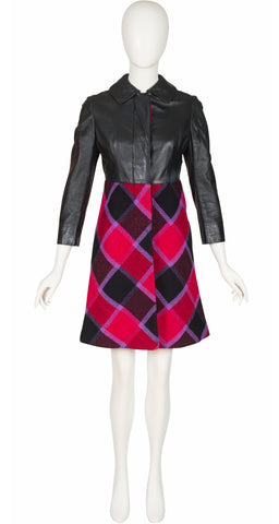 1960s Mod Black Leather & Plaid Wool Coat