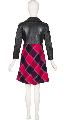 1960s Mod Black Leather & Plaid Wool Coat
