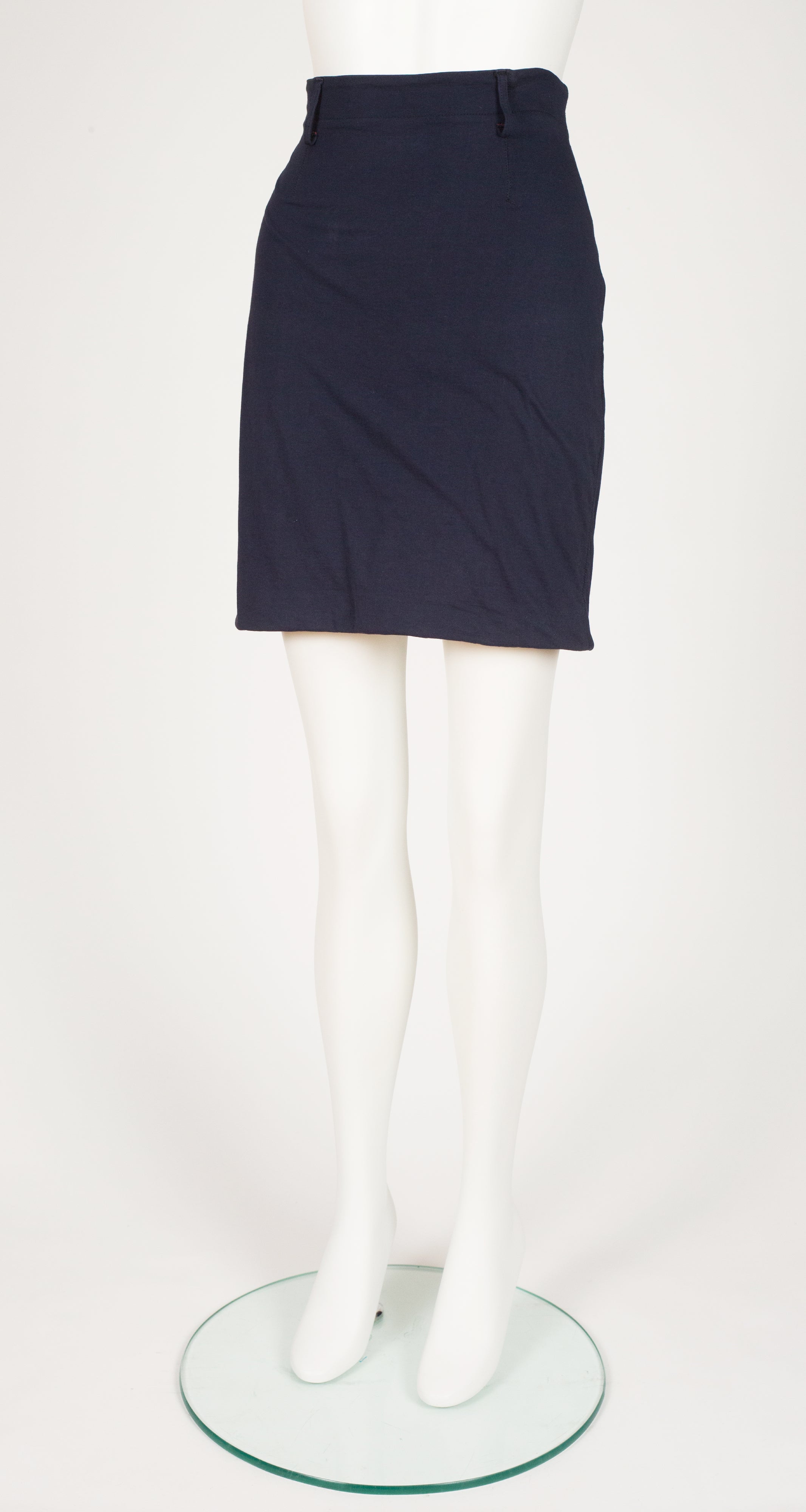 1980s Fur Collar Navy Cotton Jersey Skirt Suit