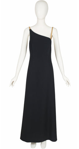 1993 S/S Runway Gold Metal Strap Black Crepe Gown