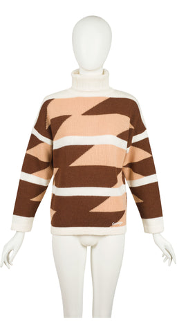 1970s Brown & White Graphic Turtleneck Sweater