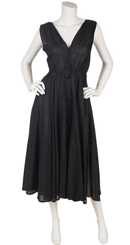 1970s Black Linen Full Skirt Midi Dress