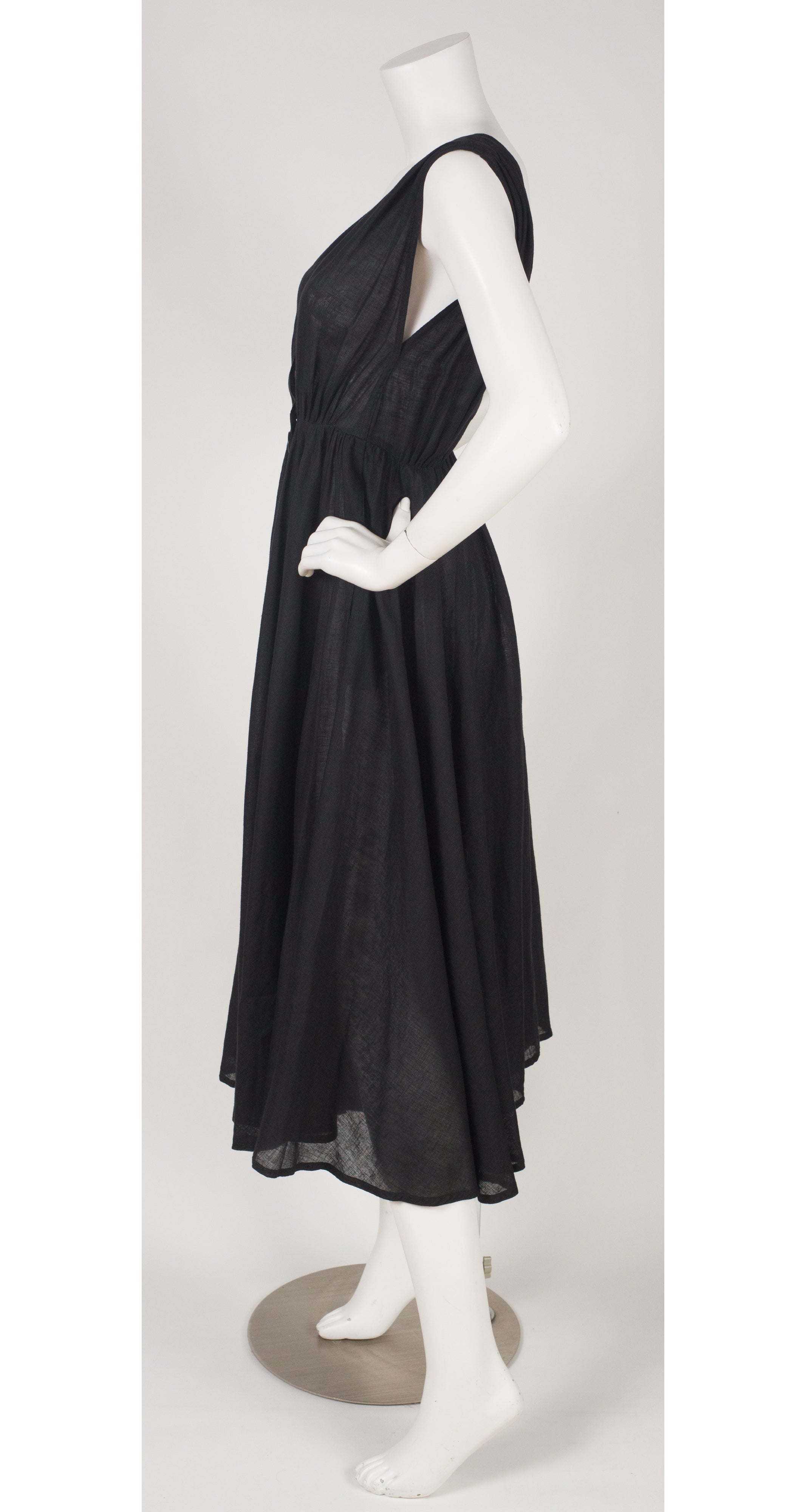 1970s Black Linen Full Skirt Midi Dress