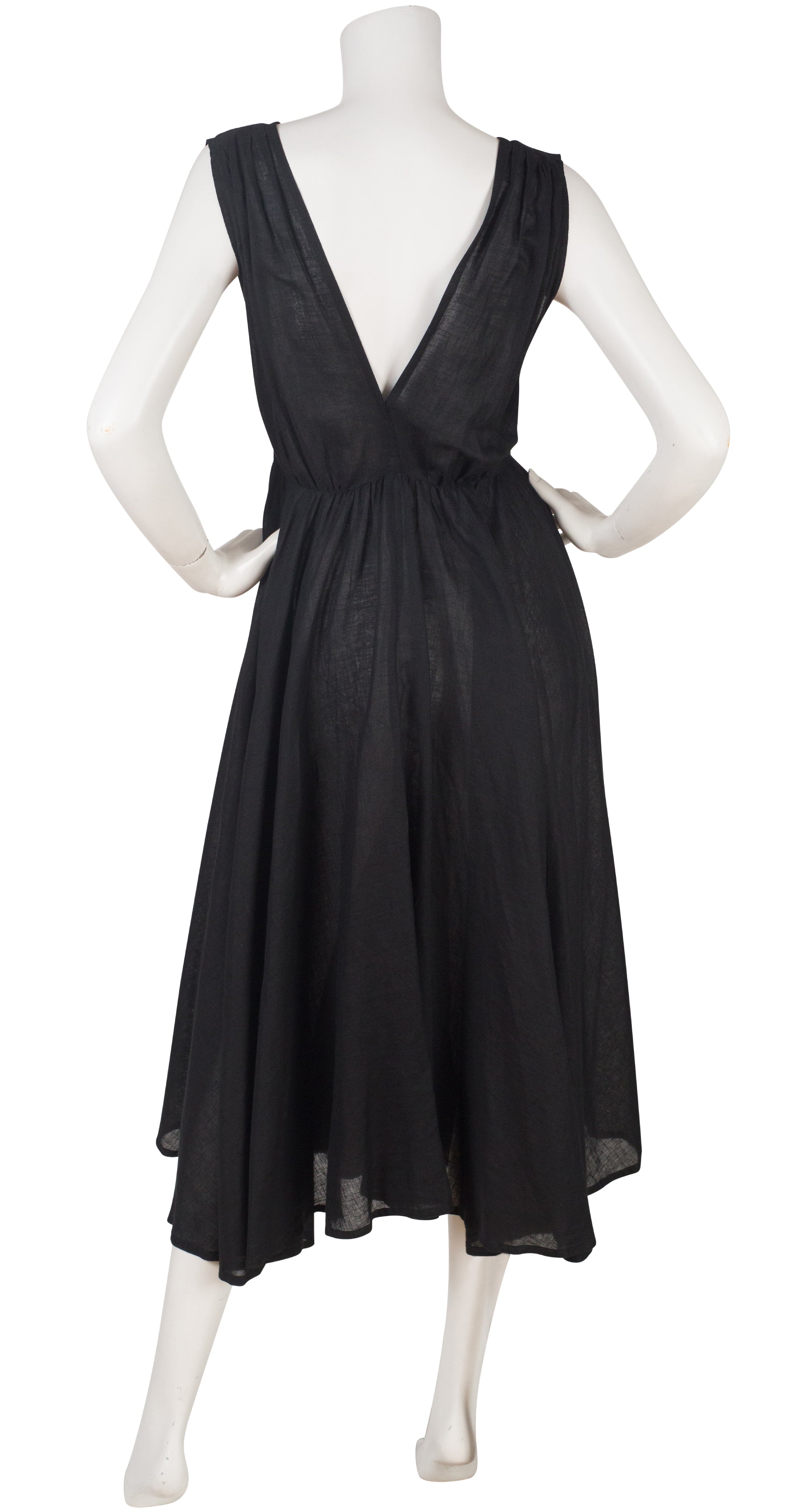 1970s Black Linen Full Skirt Midi Dress