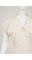 1980s Cream Silk Pleated Short Sleeve Blouse
