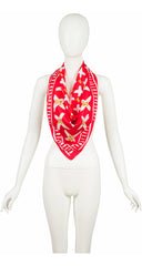 1990s "X" Print Red and Gold Silk Twill Scarf