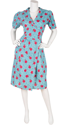 1930s Apple Novelty Print Blue Cotton House Dress