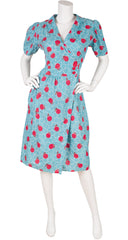 1930s Apple Novelty Print Blue Cotton House Dress