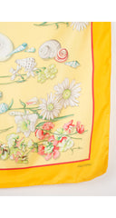 1990s Seashell Floral Print Yellow Silk Scarf