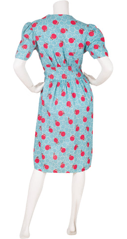 1930s Apple Novelty Print Blue Cotton House Dress