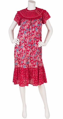 1970s Red Floral Indian Cotton Ruffle Sundress