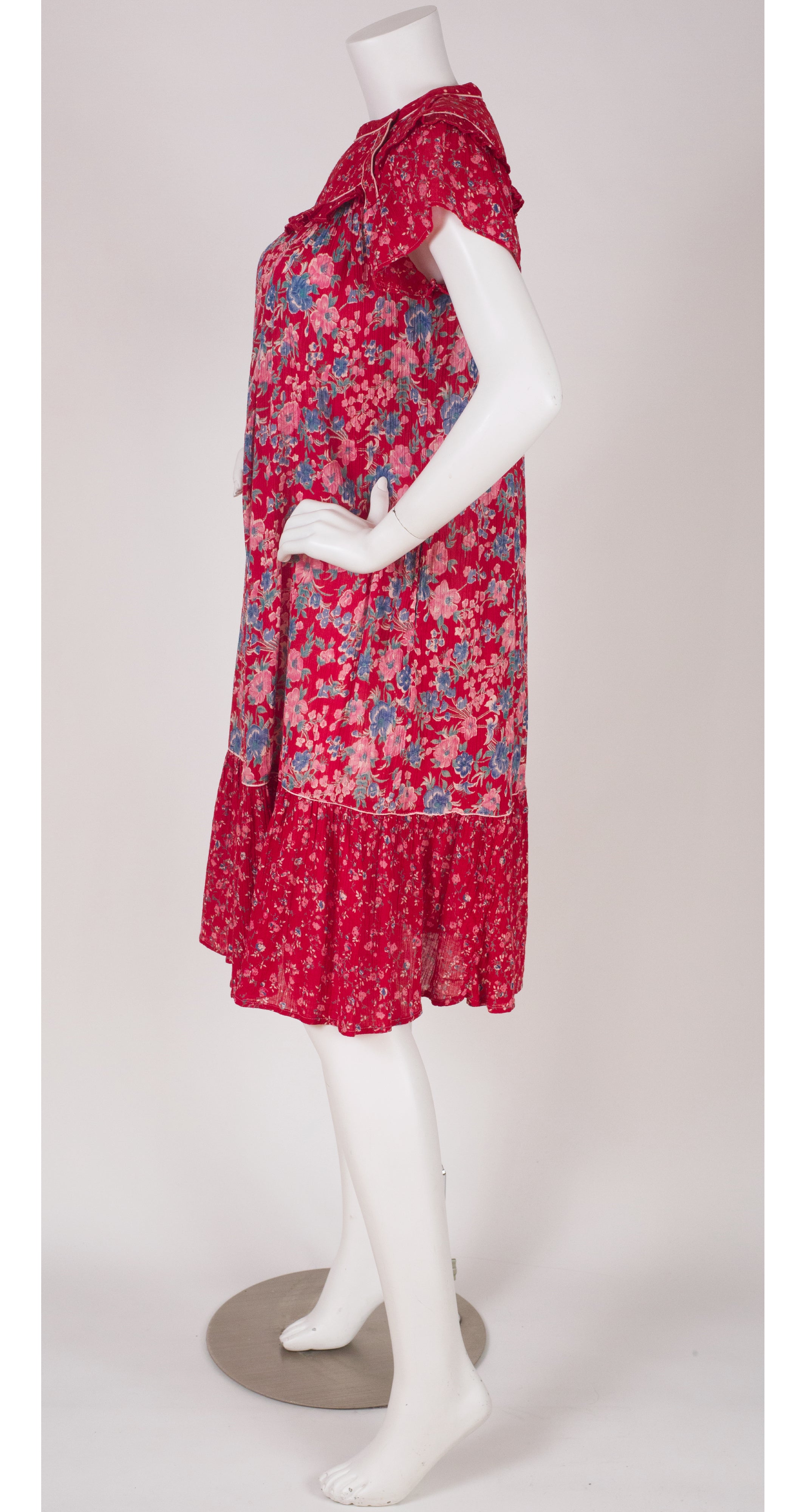 1970s Red Floral Indian Cotton Ruffle Sundress