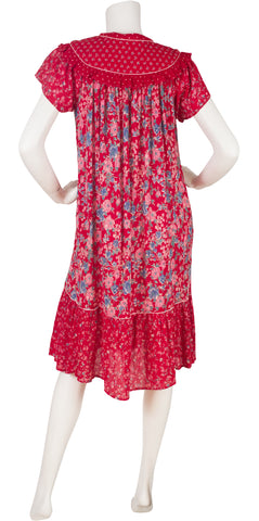 1970s Red Floral Indian Cotton Ruffle Sundress