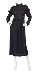 1970s Black Lace & Moss Crepe Bib Dress