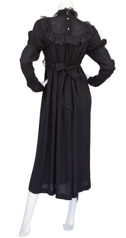 1970s Black Lace & Moss Crepe Bib Dress