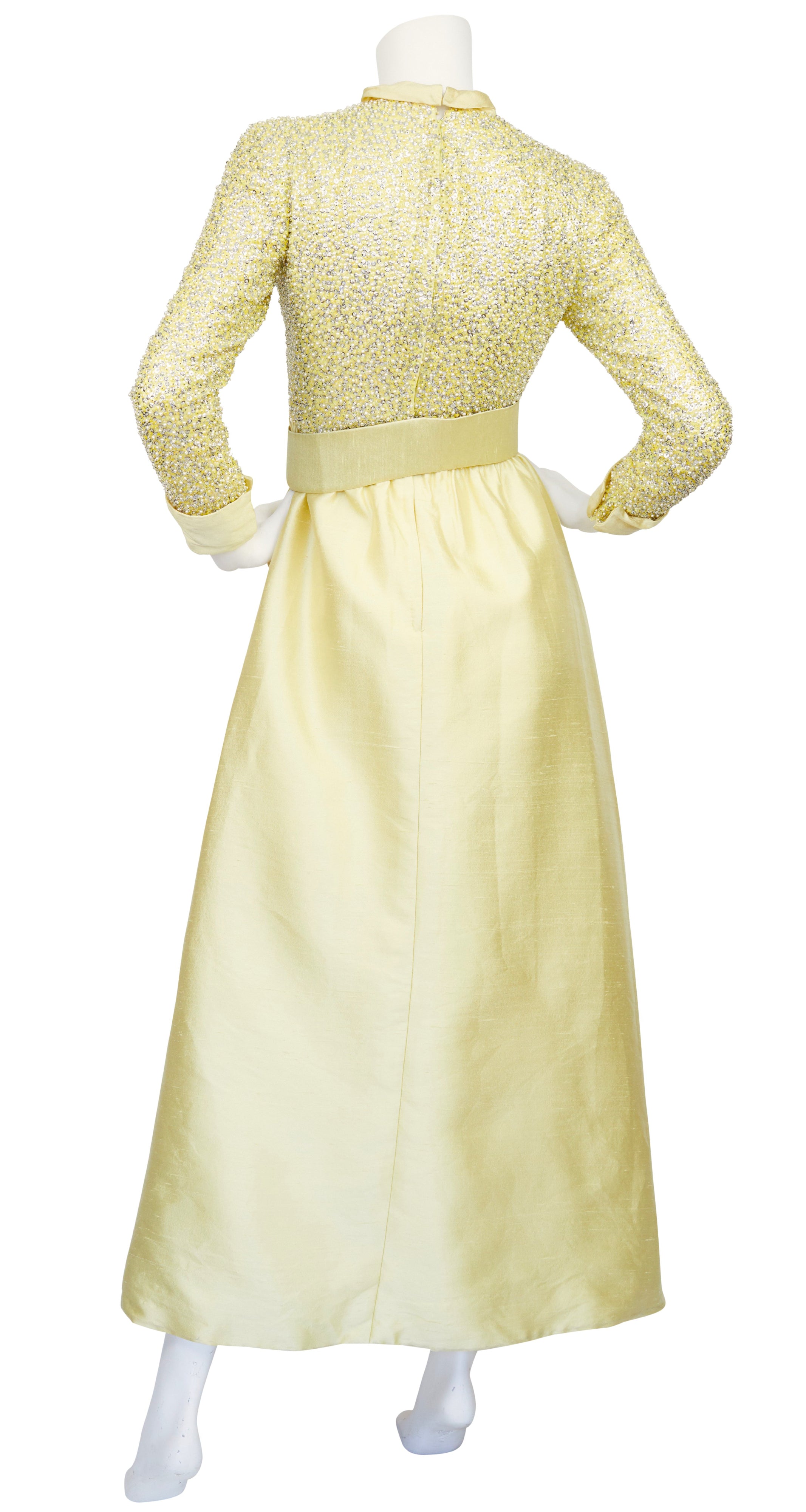1960s Beaded Yellow Raw Silk Evening Gown