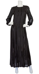 1970s Silver Metallic Black Chiffon Pleated Gown