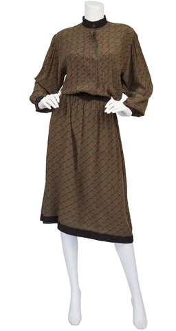 1970s Brown Graphic Silk Dolman Sleeve Shirt Dress
