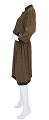 1970s Brown Graphic Silk Dolman Sleeve Shirt Dress