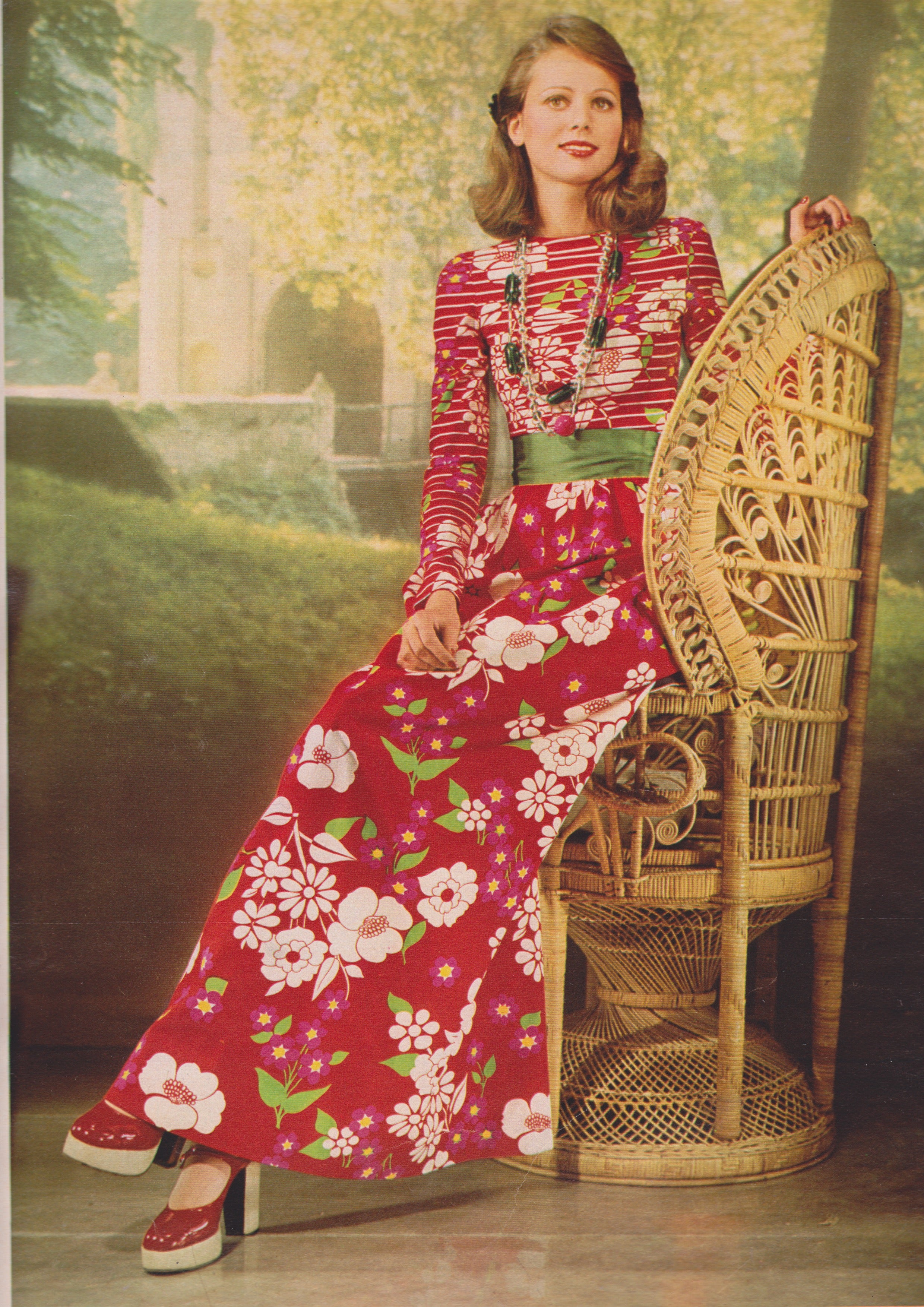 1973 S/S Red Floral Cotton & Crepe Maxi Dress