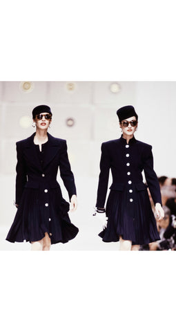 1989 F/W Runway Navy Wool Accordion Pleated Skirt Coat