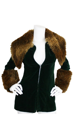 1970's Documented Green Velvet Faux Fur Jacket