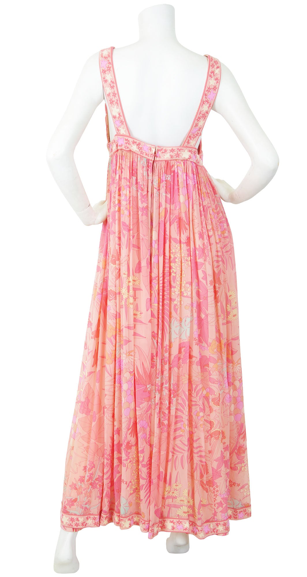 1960s Fruit & Floral Print Pink Silk Chiffon Jersey Gown