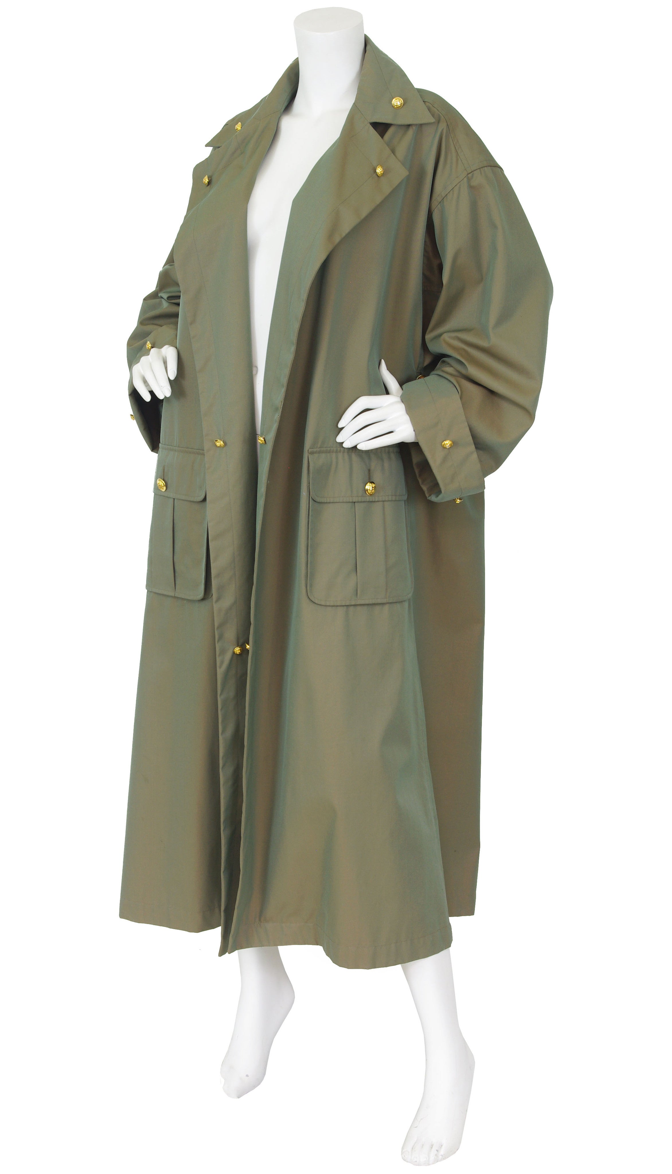 1980s Iridescent Army Green Logo Button Trench Coat