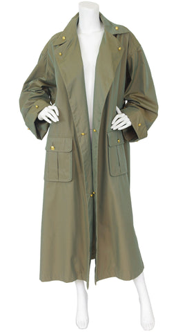 1980s Iridescent Army Green Logo Button Trench Coat