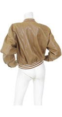 1980s Brown Leather Baseball Jacket w/ Tiger Print Silk Lining