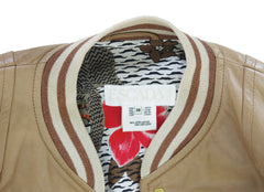 1980s Brown Leather Baseball Jacket w/ Tiger Print Silk Lining