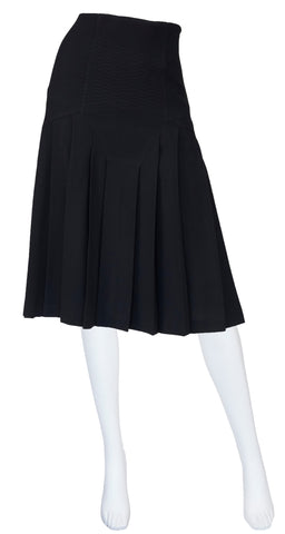 1990s Black Wool Crepe Pleated Knee-Length Skirt