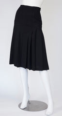 1990s Black Wool Crepe Pleated Knee-Length Skirt