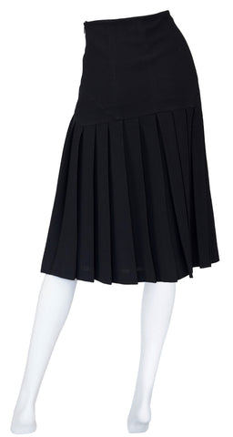 1990s Black Wool Crepe Pleated Knee-Length Skirt